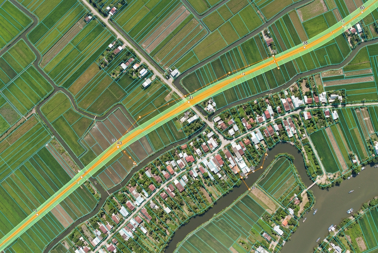 Ảnh hàng không có lớp dữ liệu GIS thể hiện ranh thửa đất và hành lang dự án